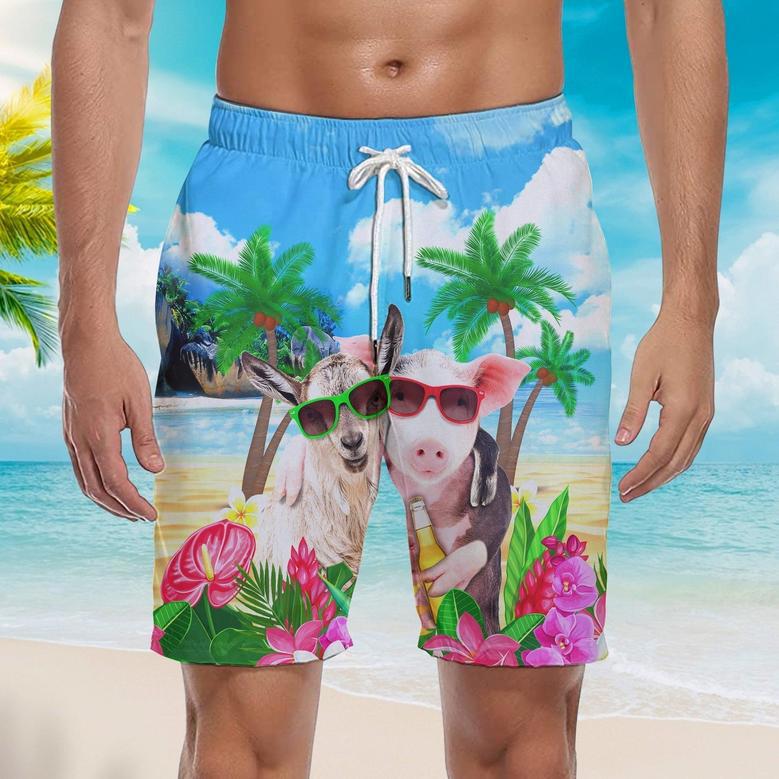 Pig And Goat In Sunglasses Hugging While Drinking Beer Beach Shorts For Men