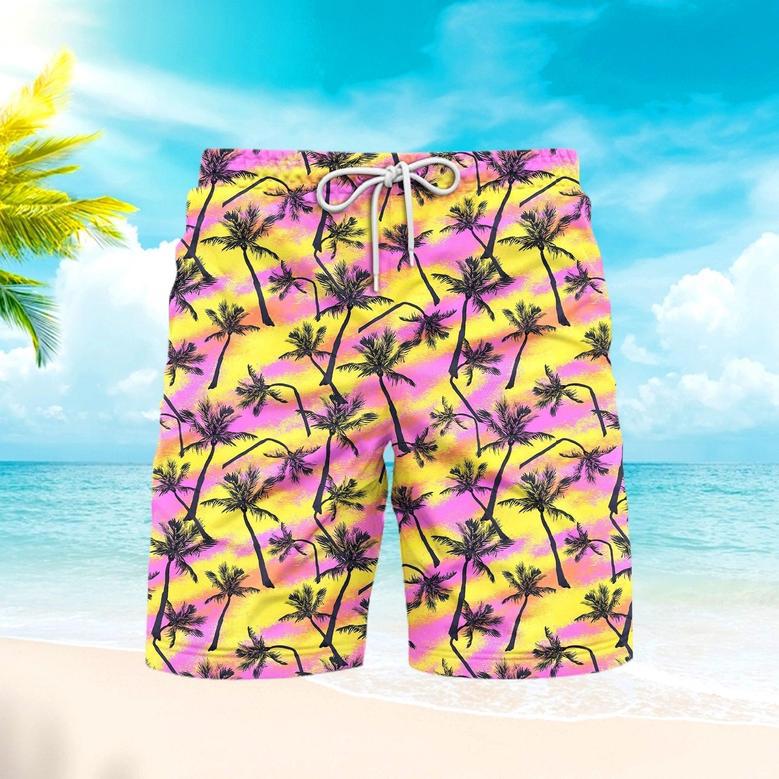 Pink And Yellow Palm Trees Beach Beach Shorts For Men