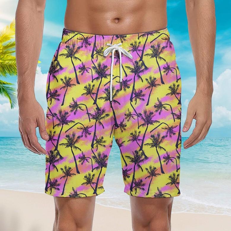 Pink And Yellow Palm Trees Beach Beach Shorts For Men