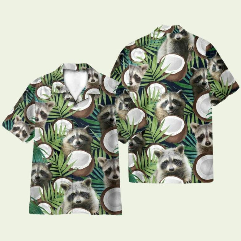 Raccoon With Coconut In Tropical Green Leaves Hawaiian Shirt