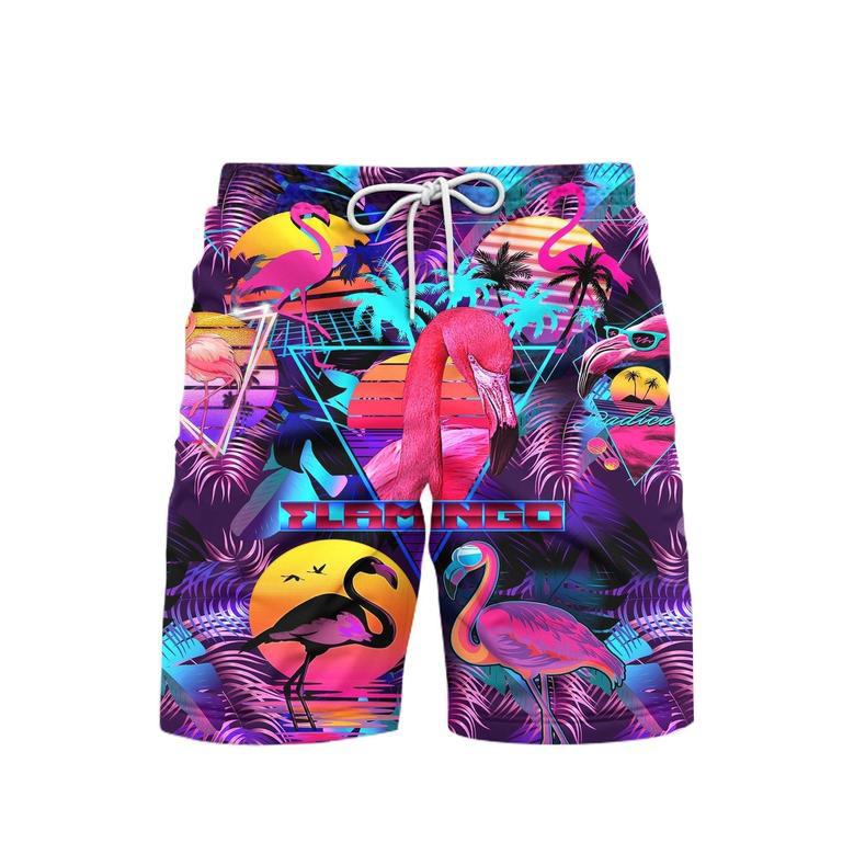 Retro Neon Tropical Flamingo Beach Shorts For Men