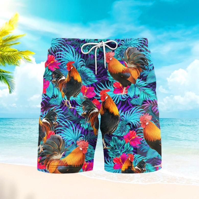 Rooster Blue Neon Tropical Beach Shorts For Men