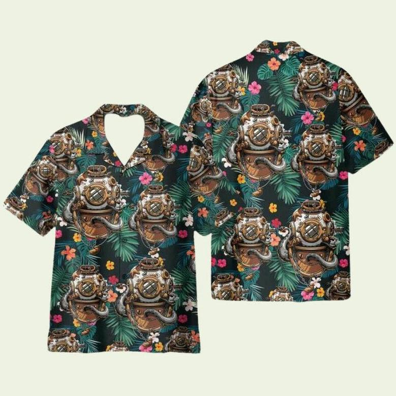 Scuba Diving Helmet Tropical Leaves Pattern Hawaiian Shirt