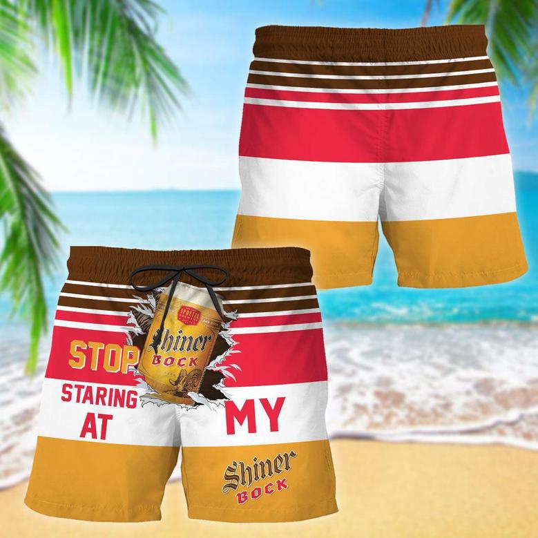 Shiner Bock Stop Staring At Horizontal Striped Swim Trunks