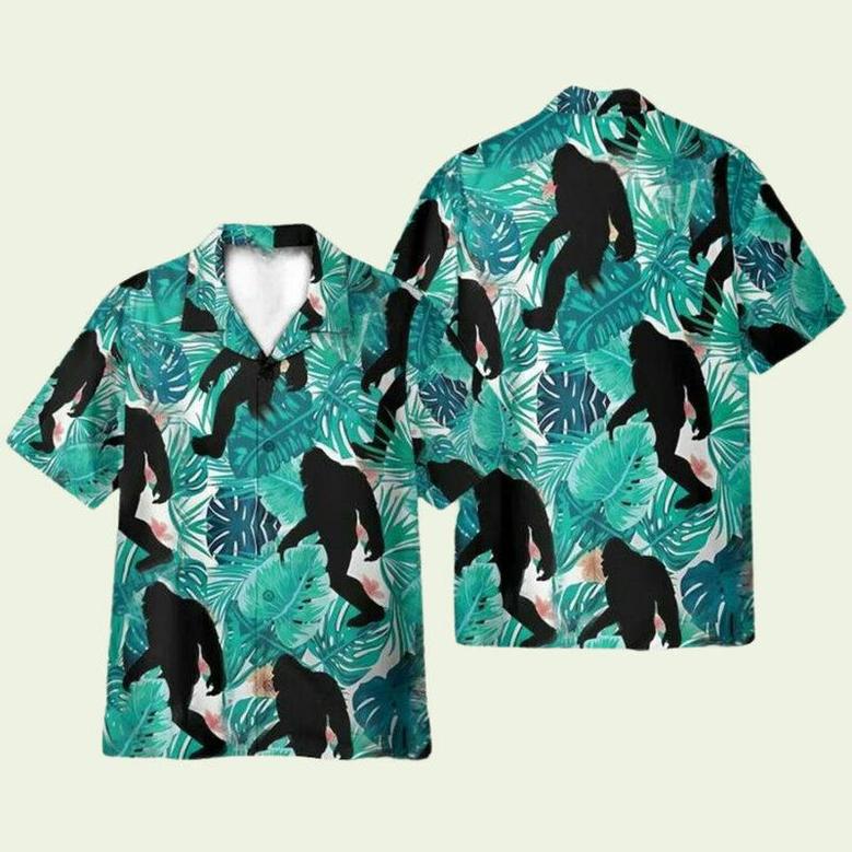 Simple Bigfoot In Tropical Green Leaves Hawaiian Shirt