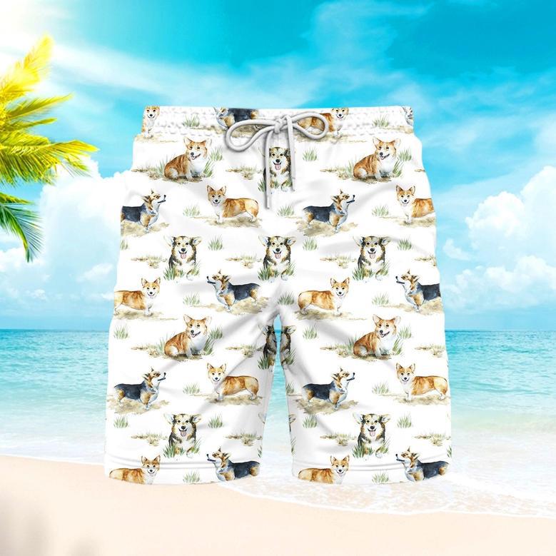 Smiling Corgi Dogs White Beach Shorts For Men