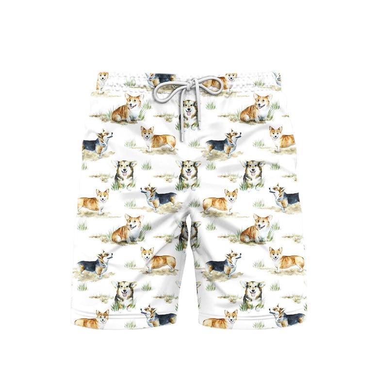 Smiling Corgi Dogs White Beach Shorts For Men