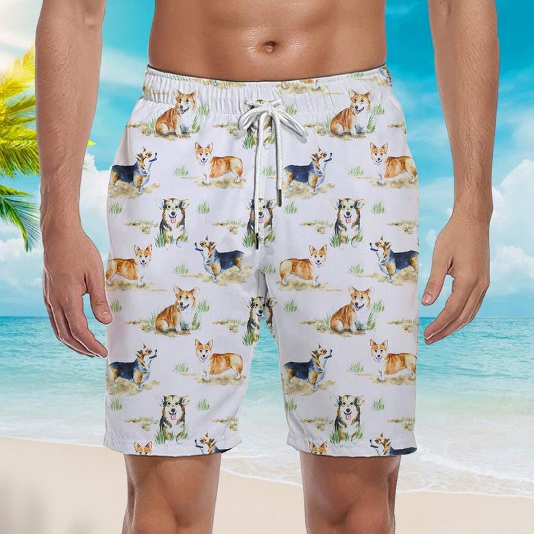 Smiling Corgi Dogs White Beach Shorts For Men