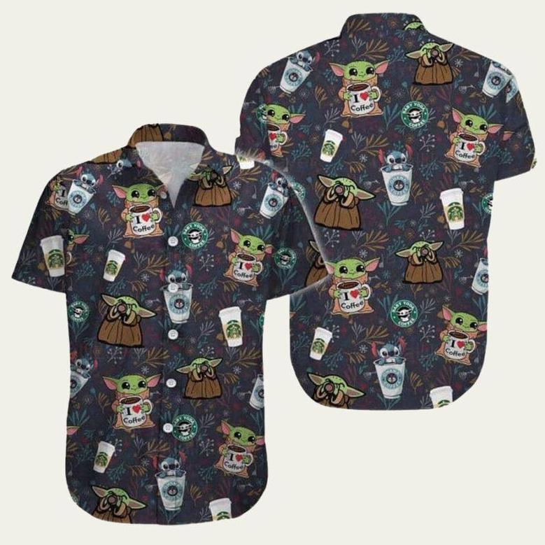 Stitch And Baby Yoda Star Wars Drinking Coffee Hawaiian Shirt