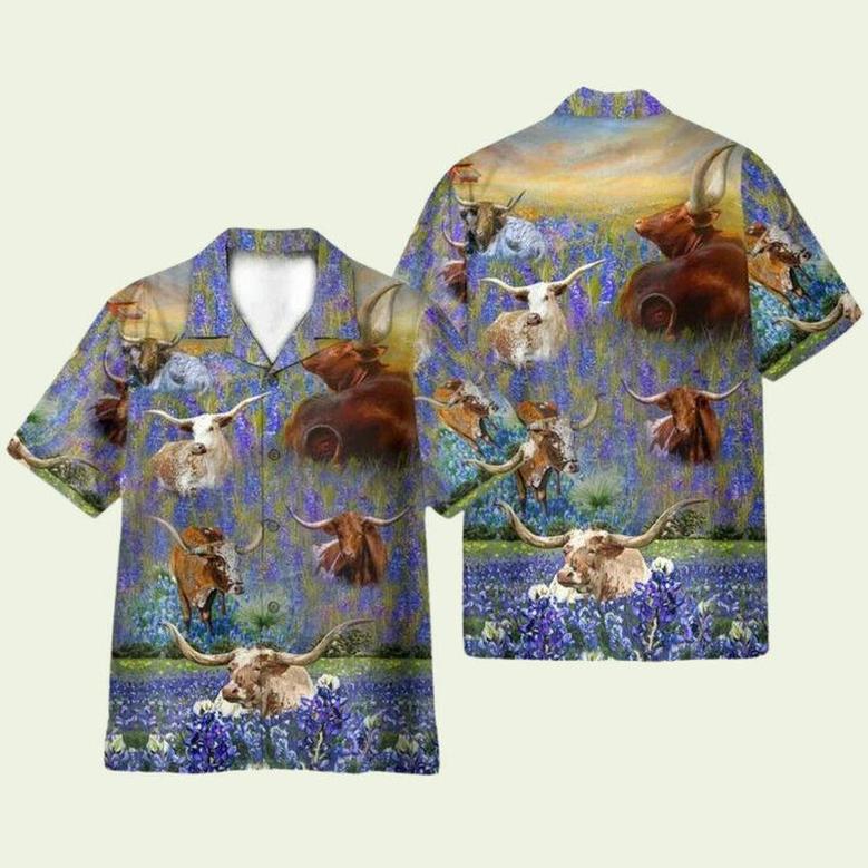 Texas Longhorn In Bluebonnet Tropical Hawaiian Shirt