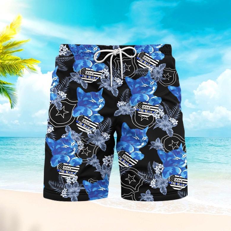 Thin Blue Cat Line With America Flag Beach Shorts For Men