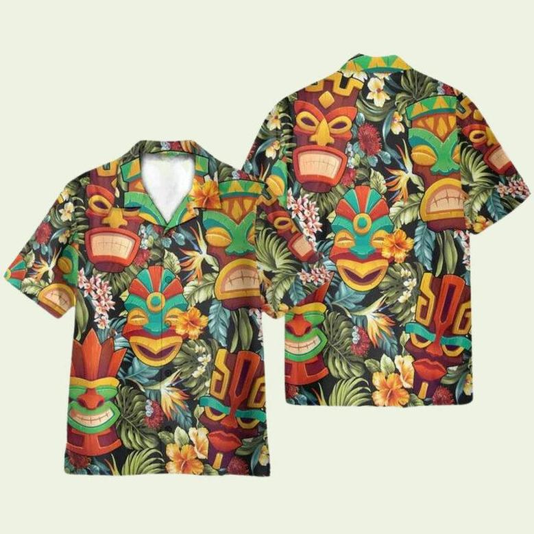 Tiki Head Tropical Leaves Pattern Hawaiian Shirt