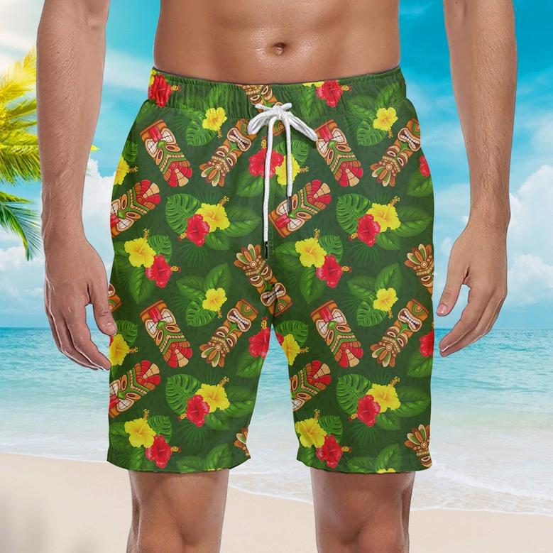 Tiki Mask Hibiscus Flowers Tropical Summer On Paradise Beach Beach Shorts For Men