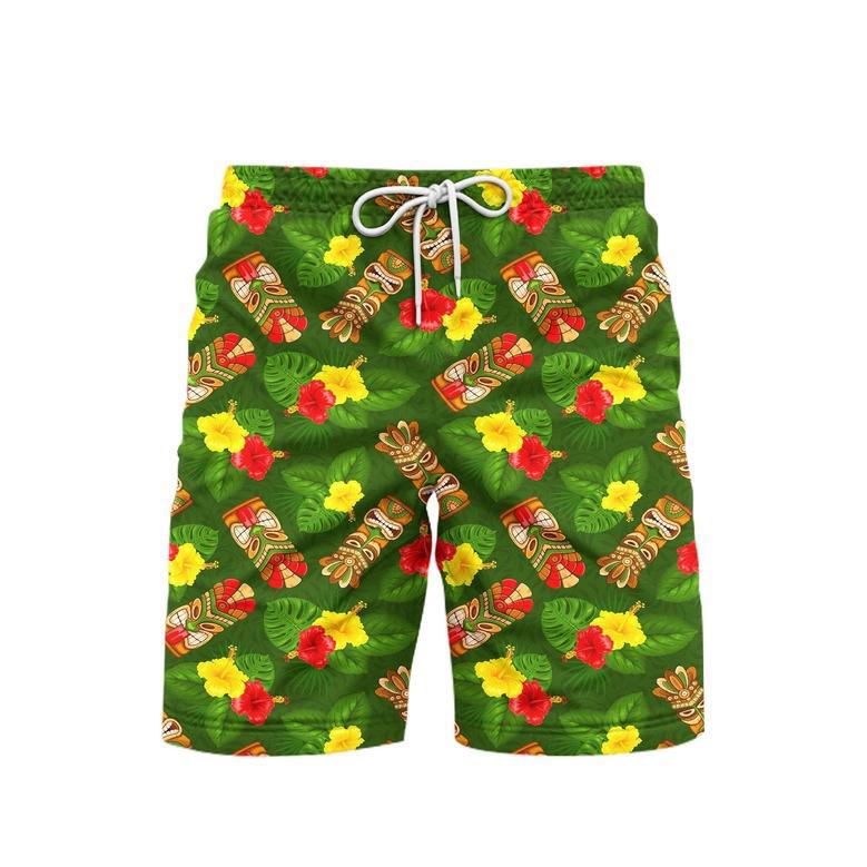 Tiki Mask Hibiscus Flowers Tropical Summer On Paradise Beach Beach Shorts For Men