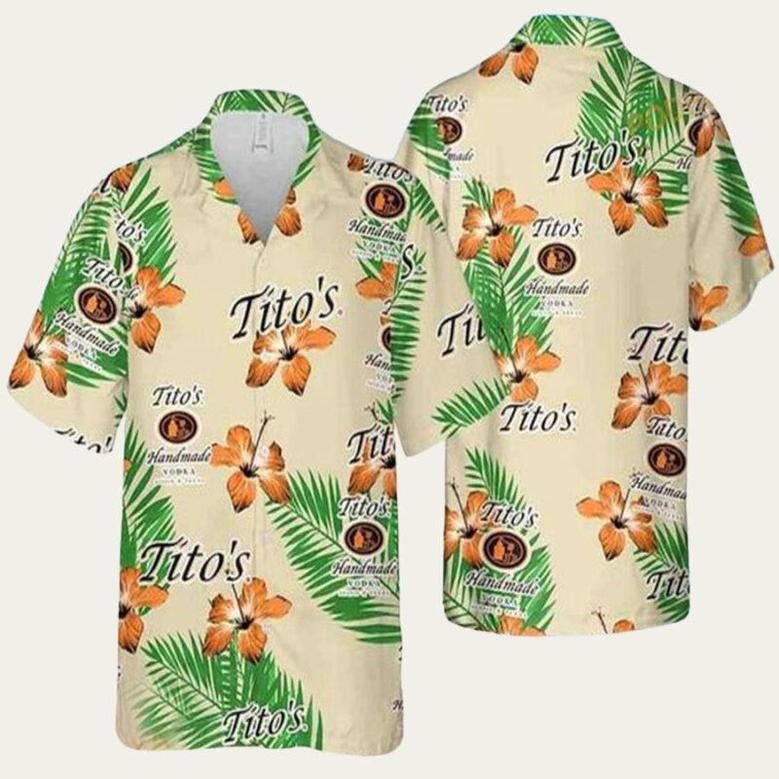 Titos Vodka Funny Hibiscus Flower And Palm Leaves Pattern Hawaiian Shirt