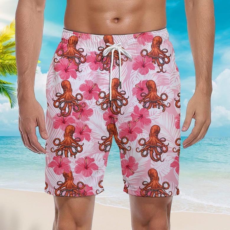 Tropical Flowers Hibiscus Octopus Pink Flowers Beach Shorts For Men