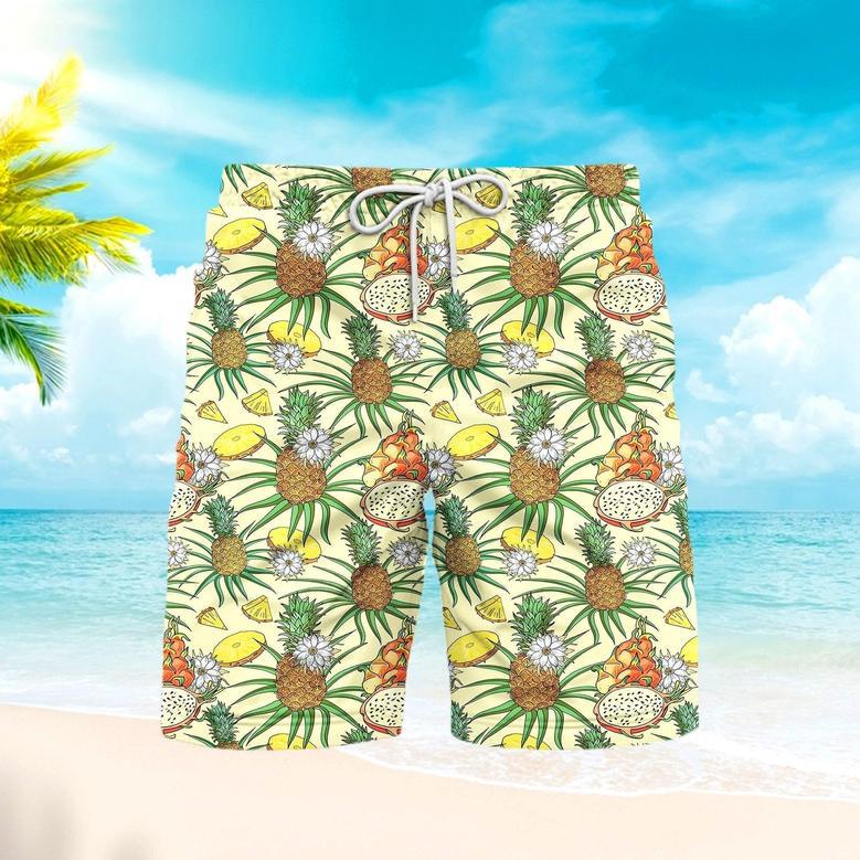 Tropical Pineapple Red Dragon Fruit Beach Shorts For Men