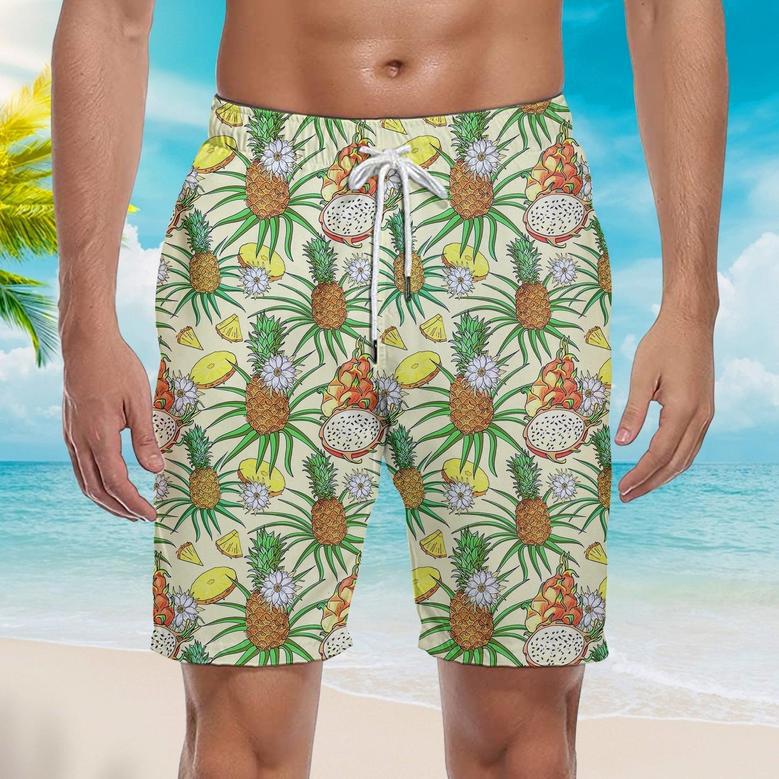 Tropical Pineapple Red Dragon Fruit Beach Shorts For Men