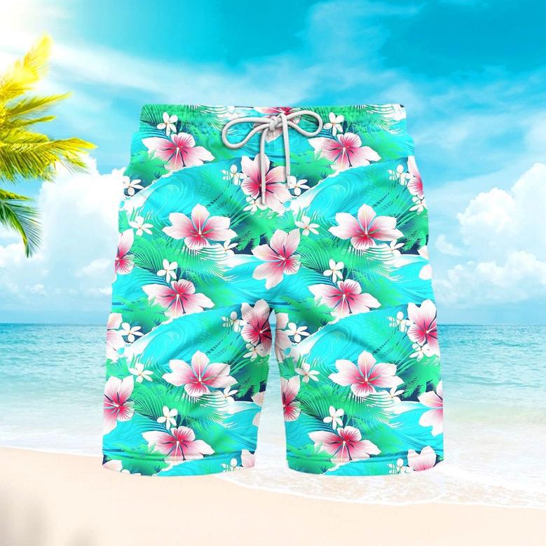 Tropical White Hibiscus Flowers With Green Leaves Beach Shorts For Men