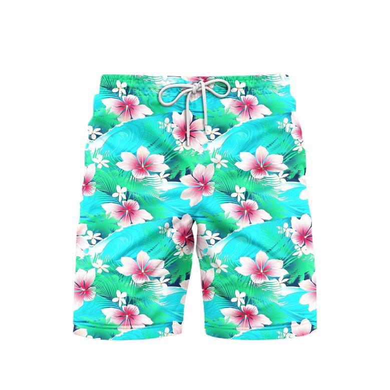 Tropical White Hibiscus Flowers With Green Leaves Beach Shorts For Men