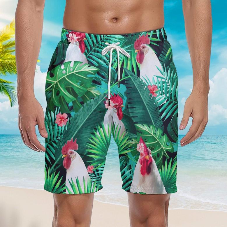 Tropical White Rooster Beach Shorts For Men