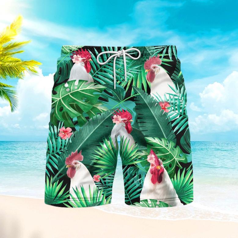 Tropical White Rooster Beach Shorts For Men