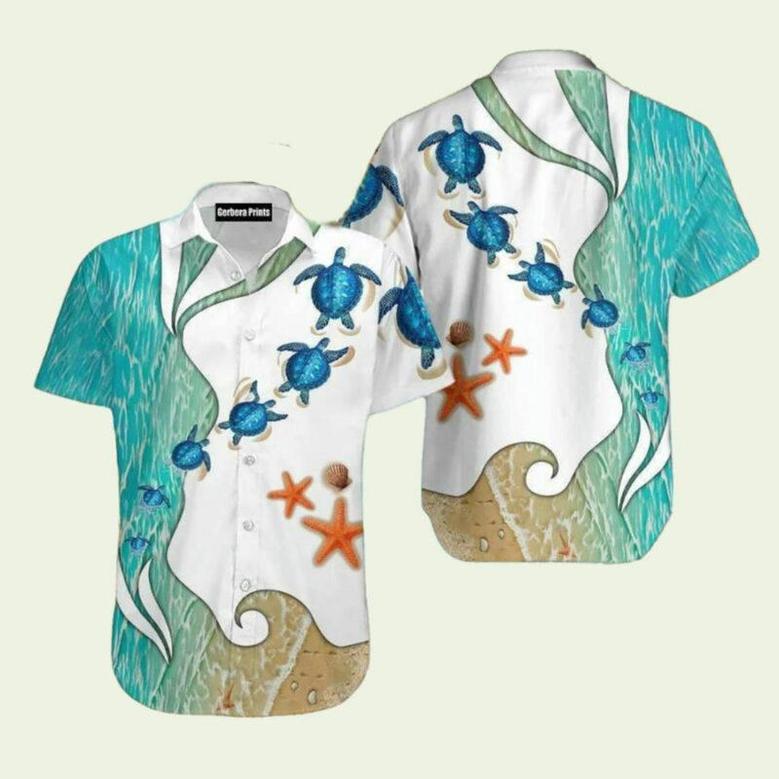 Turtle Beach Starfish Blue And White Hawaiian Shirt