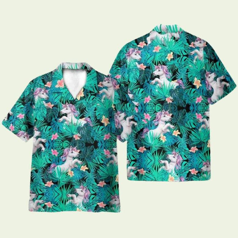 Unicorn In Tropical Green Leaves Hawaiian Shirt