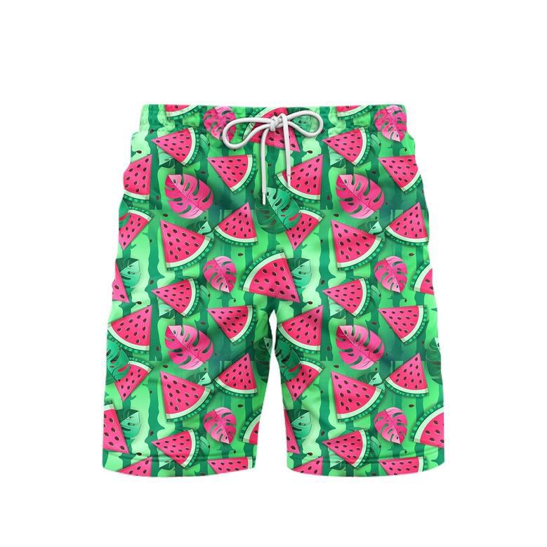 Watermelon Slices And Tropic Leaves Beach Shorts For Men