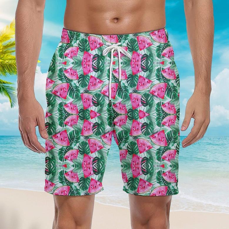 Watermelon Tropical Green Leaf Beach Shorts For Men