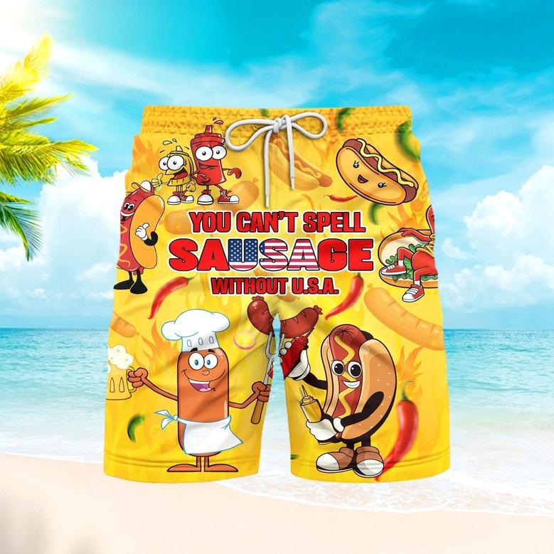 You Can't Spell Sausage Without USA Happy Independence Day Of July Patriotic Beach Shorts For Men