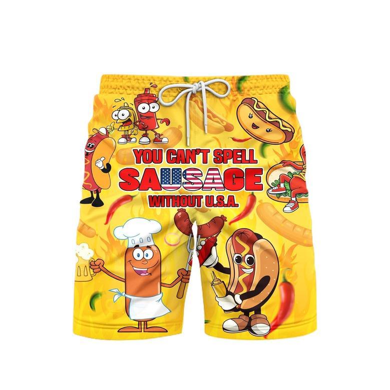 You Can't Spell Sausage Without USA Happy Independence Day Of July Patriotic Beach Shorts For Men