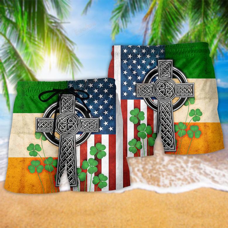 American Flag Celtic Cross Irish Saint Patrick's Day All Over Beach Short