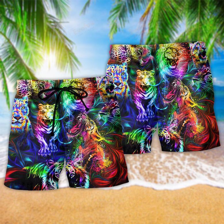 Animal King of the Jungle Lion Tiger Leopard Stunning Color Beach Short