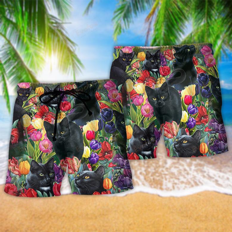 Black Cat Love Flowers Colorfull Beach Short