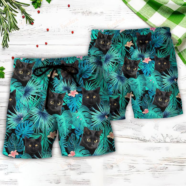 Black Cat Lover Tropical Leaf Beach Short