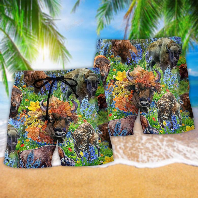 Buffalo Love Animals Green Floral Field Beach Short