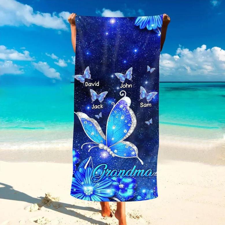 Butterfly Grandkids Personalized Beach Towels Summer Mom Grandma Gift