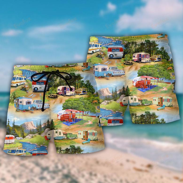 Camping Vintage Caravans Happy Life Beach Short