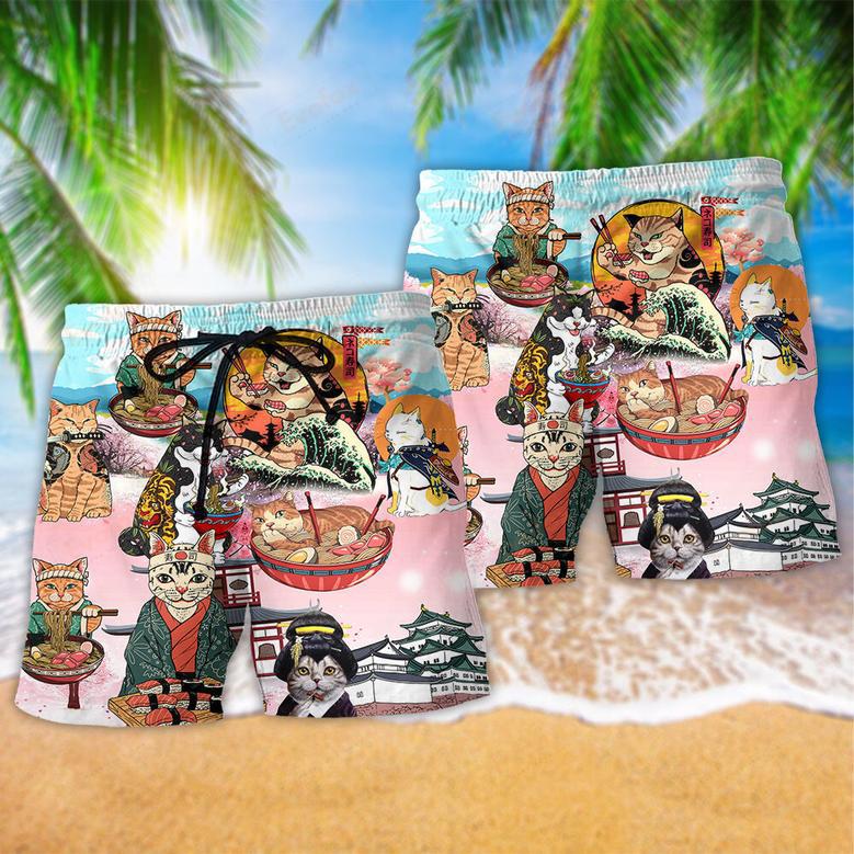 Cat Samurai With Ramen Beach Short