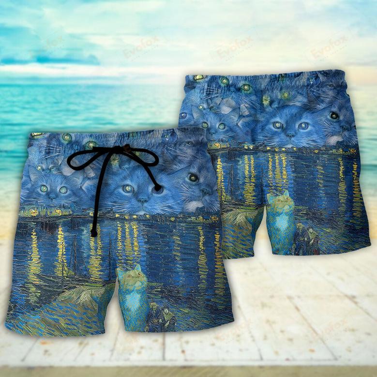 Cat Starry Night Art Beach Short