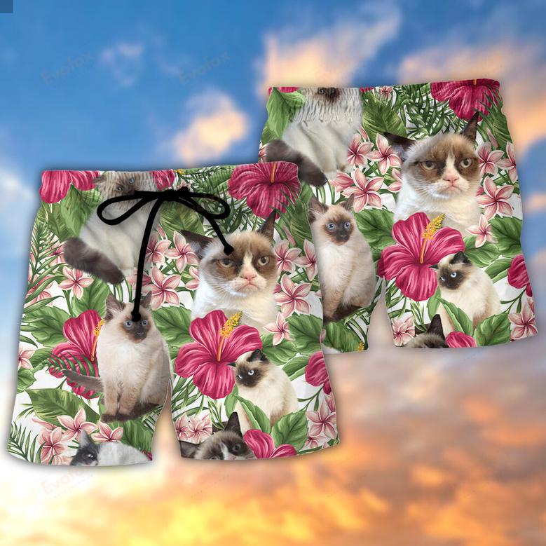 Cat Tropical Floral Lovely Siamese Cat Beach Short