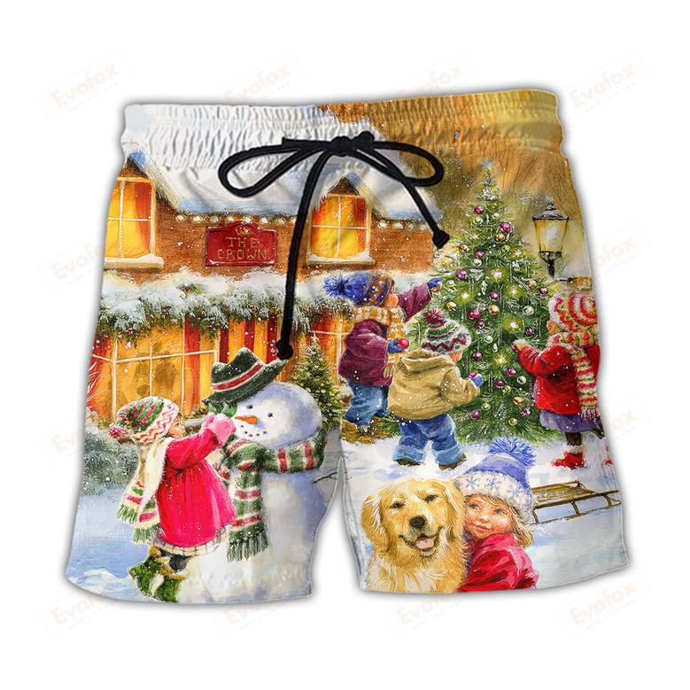 Christmas Children And Animals Love Christmas In The Town Art Style Beach Short