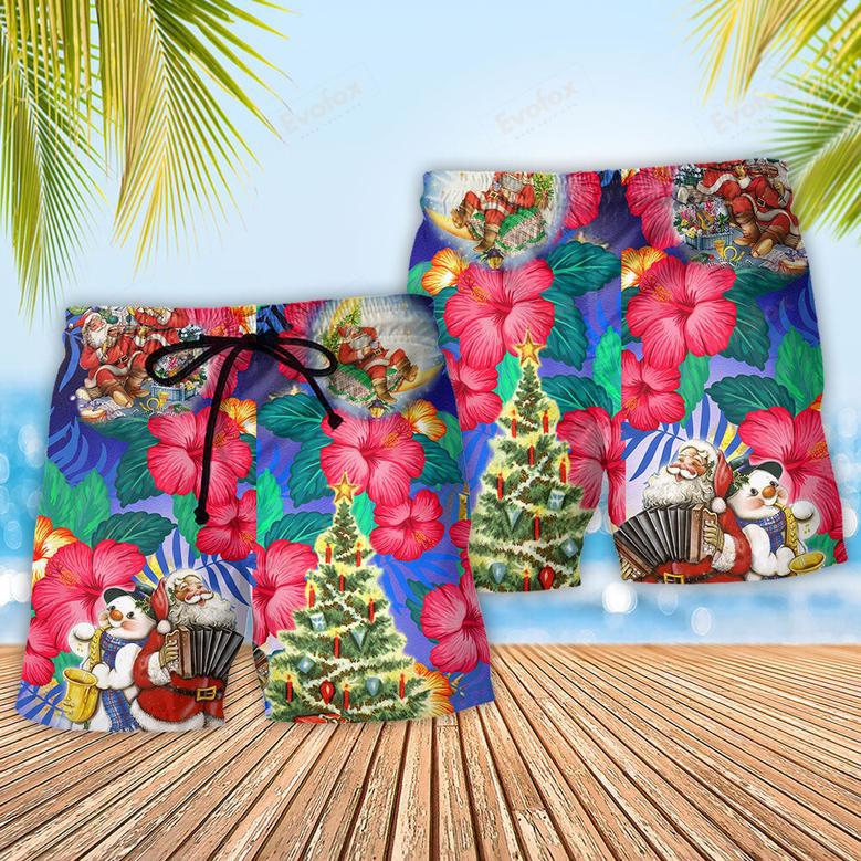 Christmas Flowers Tropical Santa Claus Beach Short