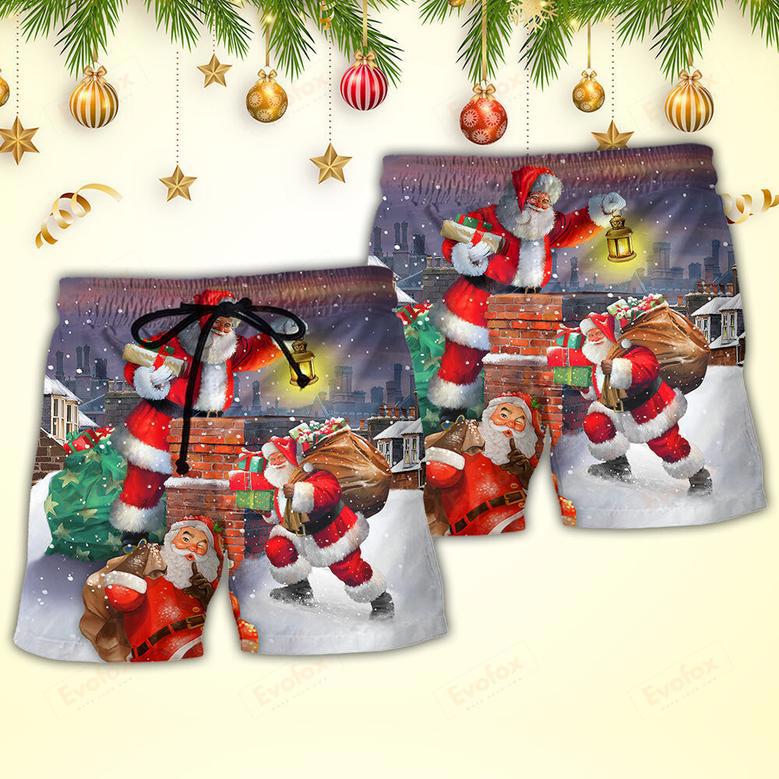 Christmas Having Fun With Santa Claus Gift For Xmas Art Style Beach Short