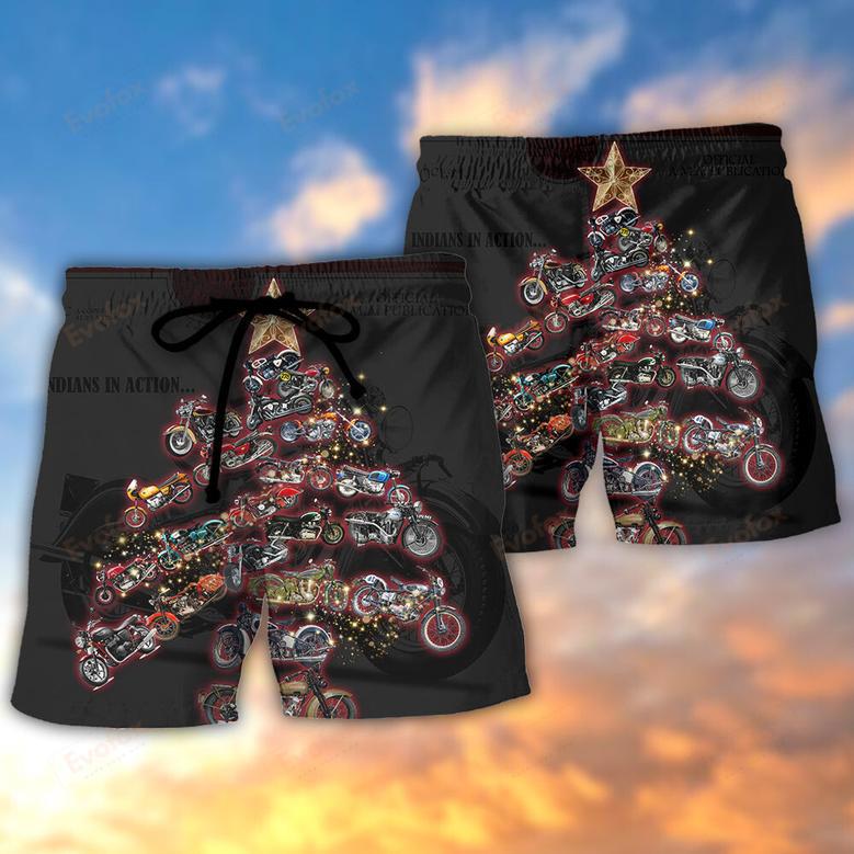 Christmas Motorcycle Tree Retro Style Beach Short