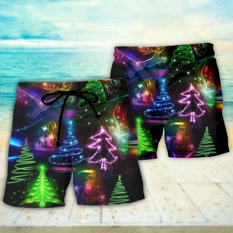 Christmas Neon Art Christmas Tree And Snowman style- Beach Short