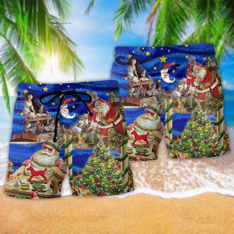 Christmas Night Santa's Toy Workshop Beach Short