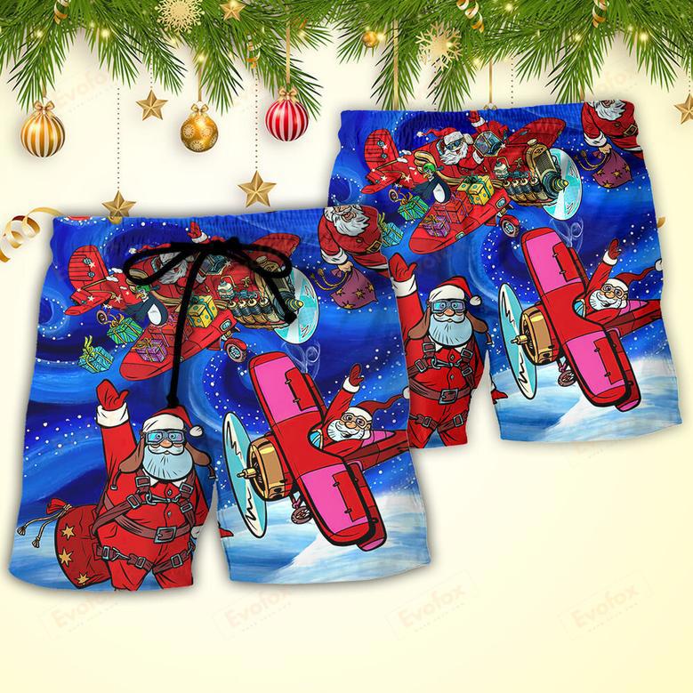 Christmas No Reindeer Any More Santa Loves Airplane Magic Night Beach Short