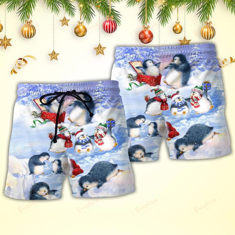 Christmas Penguin Family In Love Christmas Art Style Beach Short